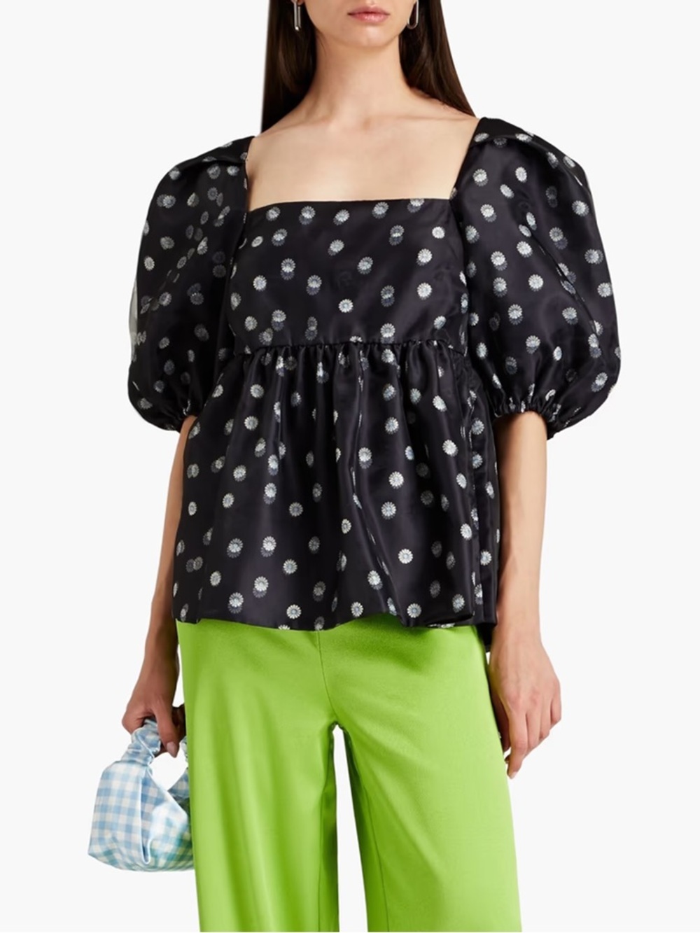 NWT - STINE GOYA - Kinsley Gathered Floral-print Organza Top - Midnight Blue